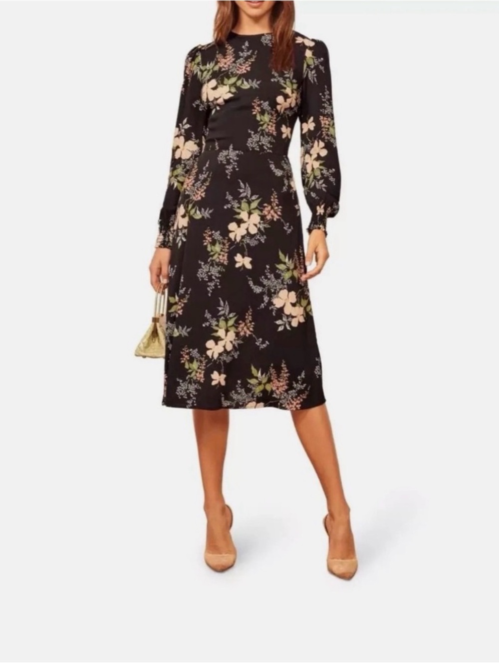 Reformation Kellan Floral Midi Dress - Black with Cream & Green Floral Print